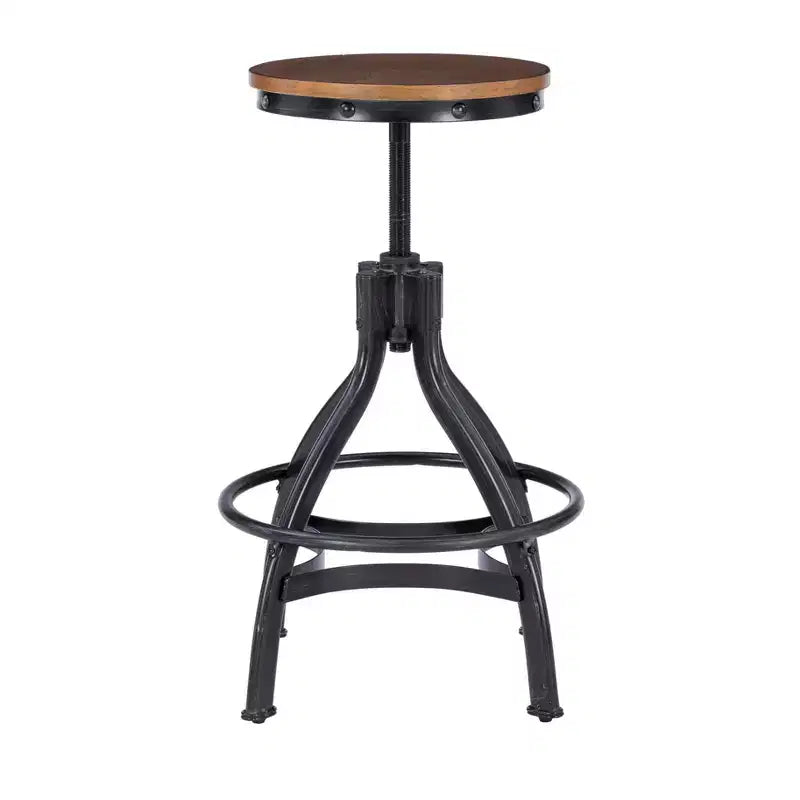 Set of 2 Tormo Adjustable Metal & Distressed Wood Barstool Black - Powell: Swivel, Round Seat, Industrial Design