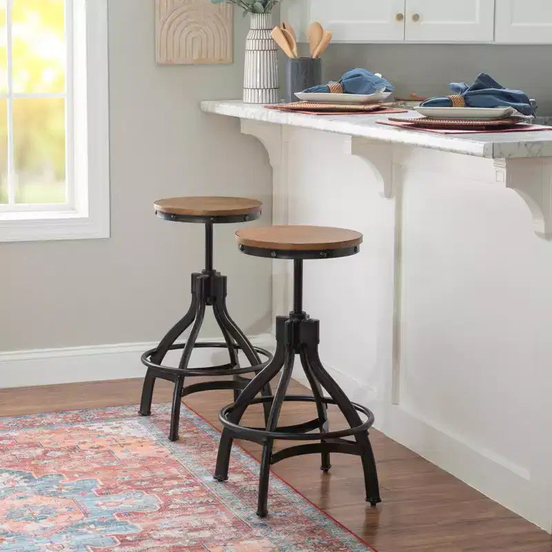 Set of 2 Tormo Adjustable Metal & Distressed Wood Barstool Black - Powell: Swivel, Round Seat, Industrial Design