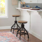Set of 2 Tormo Adjustable Metal & Distressed Wood Barstool Black - Powell: Swivel, Round Seat, Industrial Design