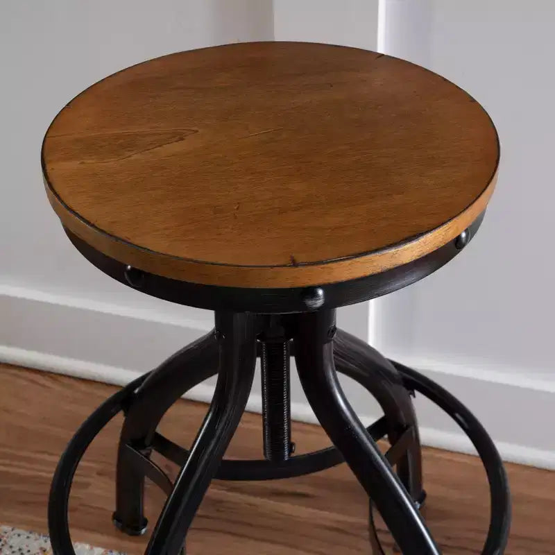 Set of 2 Tormo Adjustable Metal & Distressed Wood Barstool Black - Powell: Swivel, Round Seat, Industrial Design