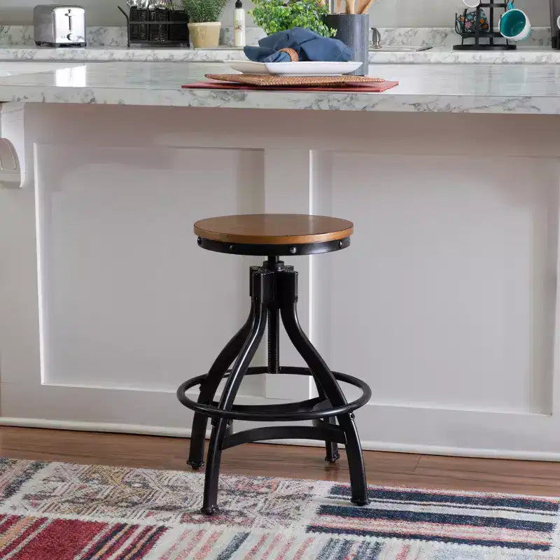 Set of 2 Tormo Adjustable Metal & Distressed Wood Barstool Black - Powell: Swivel, Round Seat, Industrial Design