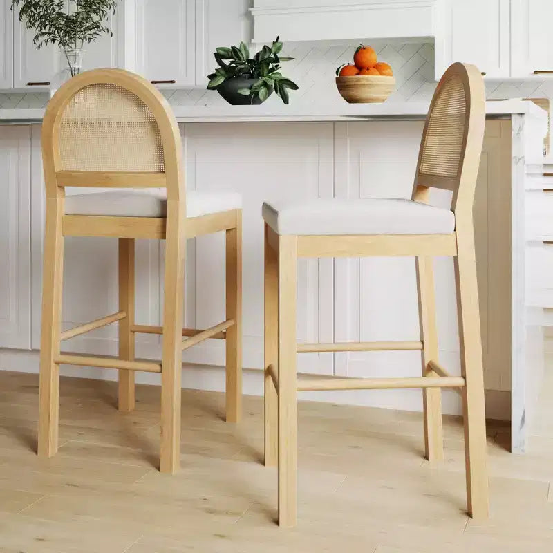 Nathan James Bailey Curved Back Counter Height Barstool Natural Wood Oak Rattan Cream Boucle: Upholstered, 300lb Capacity
