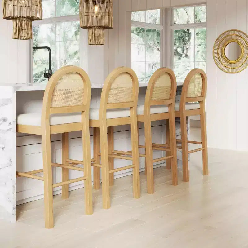 Nathan James Bailey Curved Back Counter Height Barstool Natural Wood Oak Rattan Cream Boucle: Upholstered, 300lb Capacity