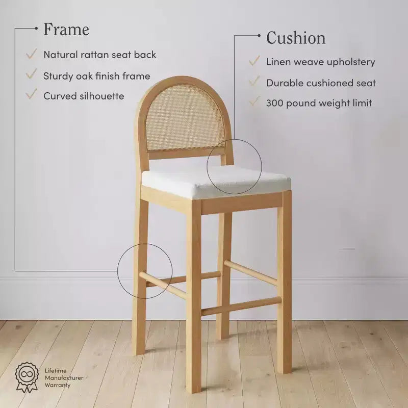 Nathan James Bailey Curved Back Counter Height Barstool Natural Wood Oak Rattan Cream Boucle: Upholstered, 300lb Capacity