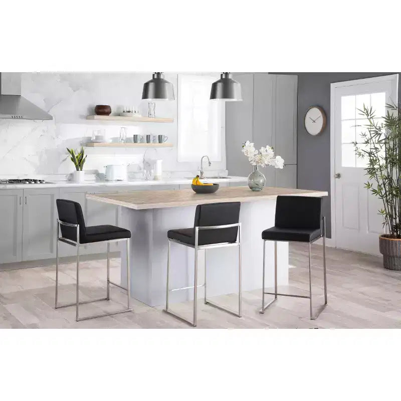 LumiSource Set of 3 Fuji High Back Counter Height Barstools Stainless Steel/Black PU