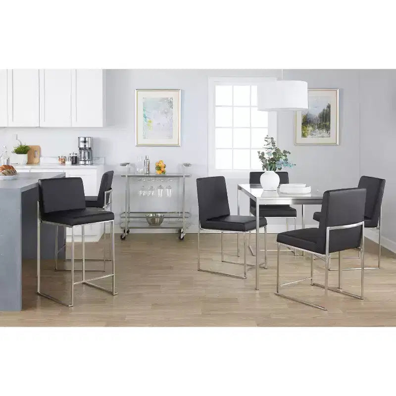 LumiSource Set of 3 Fuji High Back Counter Height Barstools Stainless Steel/Black PU