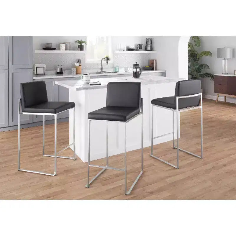 LumiSource Set of 3 Fuji High Back Counter Height Barstools Stainless Steel/Black PU