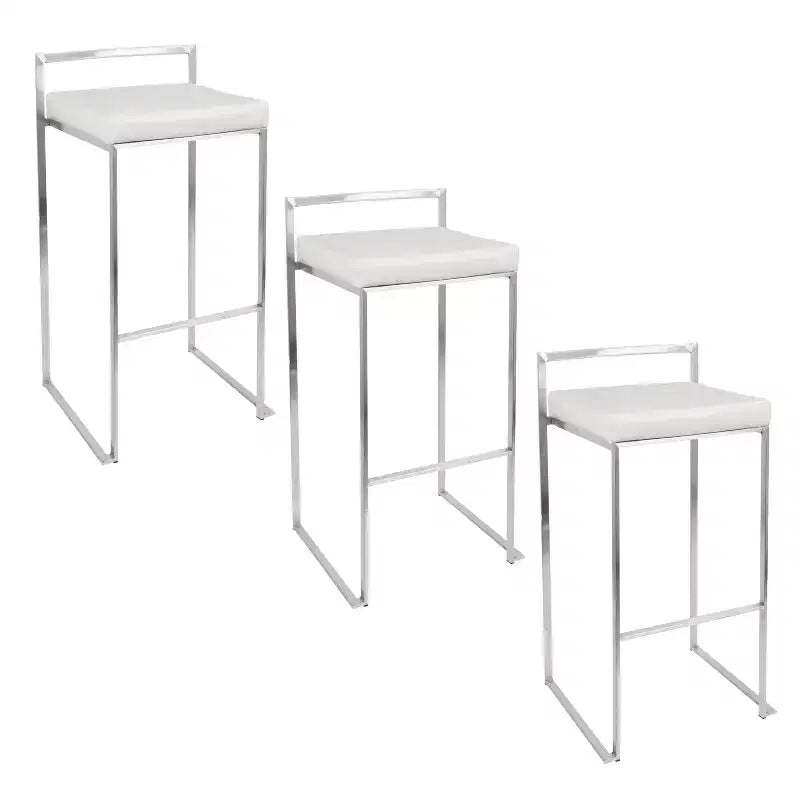 LumiSource Set of 3 Fuji Stacker Barstools Stainless Steel/White PU
