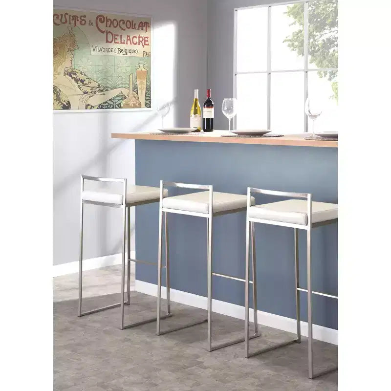 LumiSource Set of 3 Fuji Stacker Barstools Stainless Steel/White PU