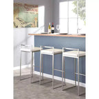 LumiSource Set of 3 Fuji Stacker Barstools Stainless Steel/White PU
