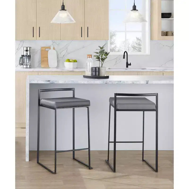 LumiSource Set of 3 Fuji Stacker Counter Height Barstools Black Metal/Gray PU