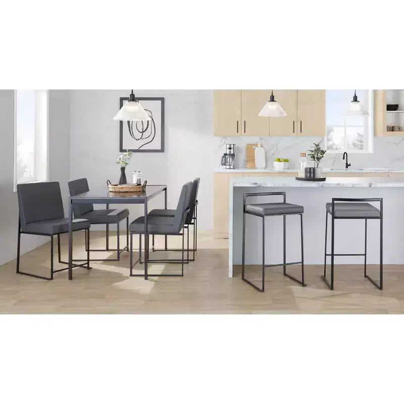 LumiSource Set of 3 Fuji Stacker Counter Height Barstools Black Metal/Gray PU