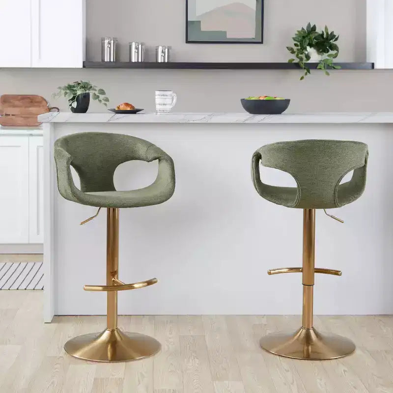 LumiSource Set of 2 Curva Adjustable Barstools Gold/Green Fabric