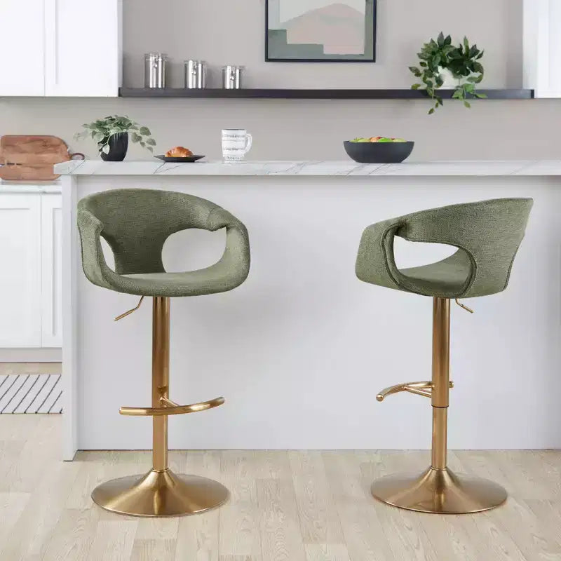 LumiSource Set of 2 Curva Adjustable Barstools Gold/Green Fabric