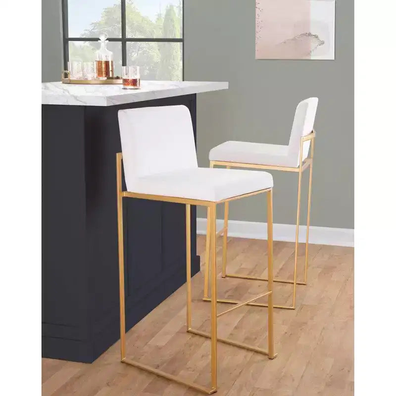 LumiSource Set of 3 Fuji High Back Barstools Gold Steel/White PU