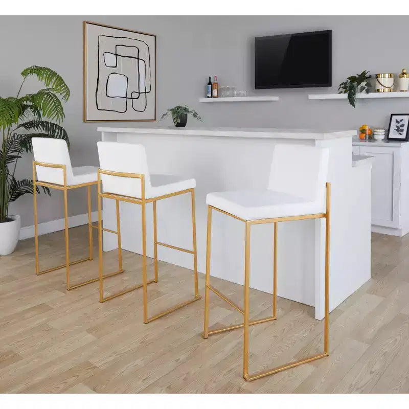 LumiSource Set of 3 Fuji High Back Barstools Gold Steel/White PU