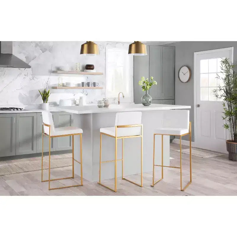 LumiSource Set di 3 Sgabelli da Bar Alti Fuji Acciaio Oro/Velluto Bianco