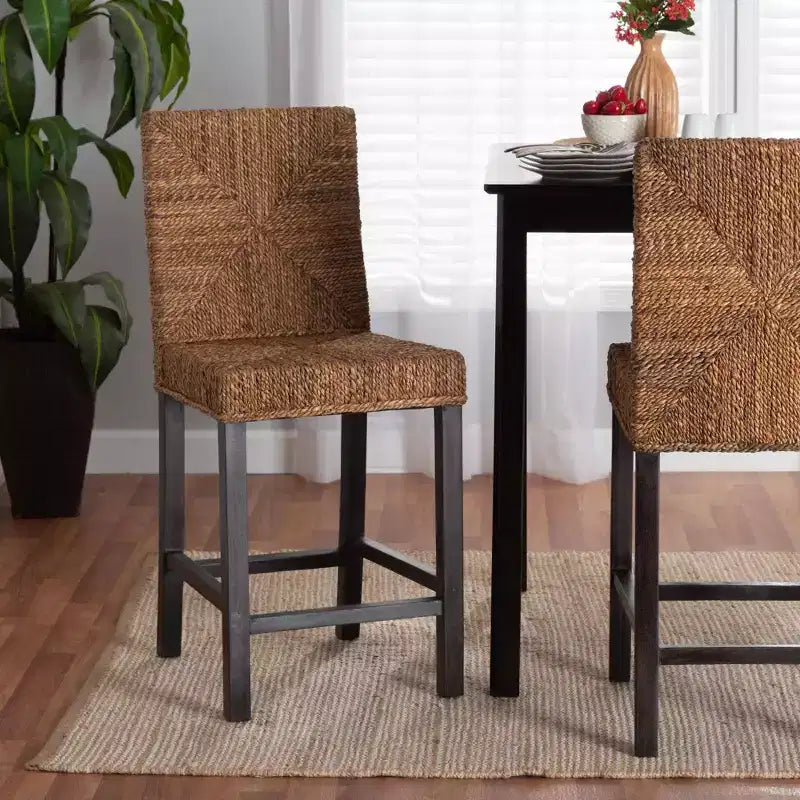 Laymi Mahogany Wood and Seagrass Counter Height Barstool Natural Brown/Dark Brown - Baxton Studio