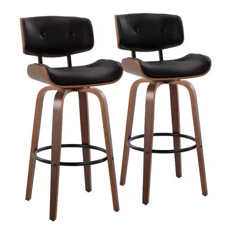 Set of 2 Lombardi Barstools Walnut/Black - LumiSource: Mid-Century Fixed-Height, Tufted, 30.5" Seat