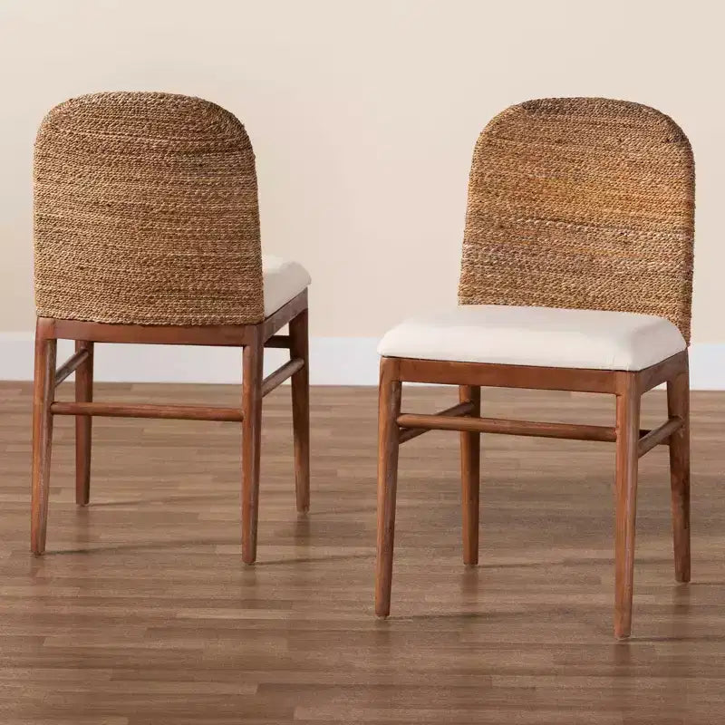 bali & pari 2pc Nadim Natural Seagrass and Acacia Wood Dining Chair Set White/Natural Brown/Natural Seagrass