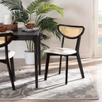 Baxton Studio 2pc Dannell Fabric and Wood Dining Chairs: Mid-Century, Rattan Detail, Foam Padded