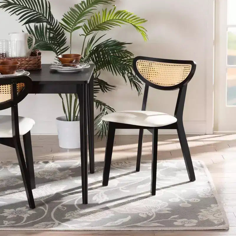Baxton Studio 2pc Dannell Fabric and Wood Dining Chairs: Mid-Century, Rattan Detail, Foam Padded