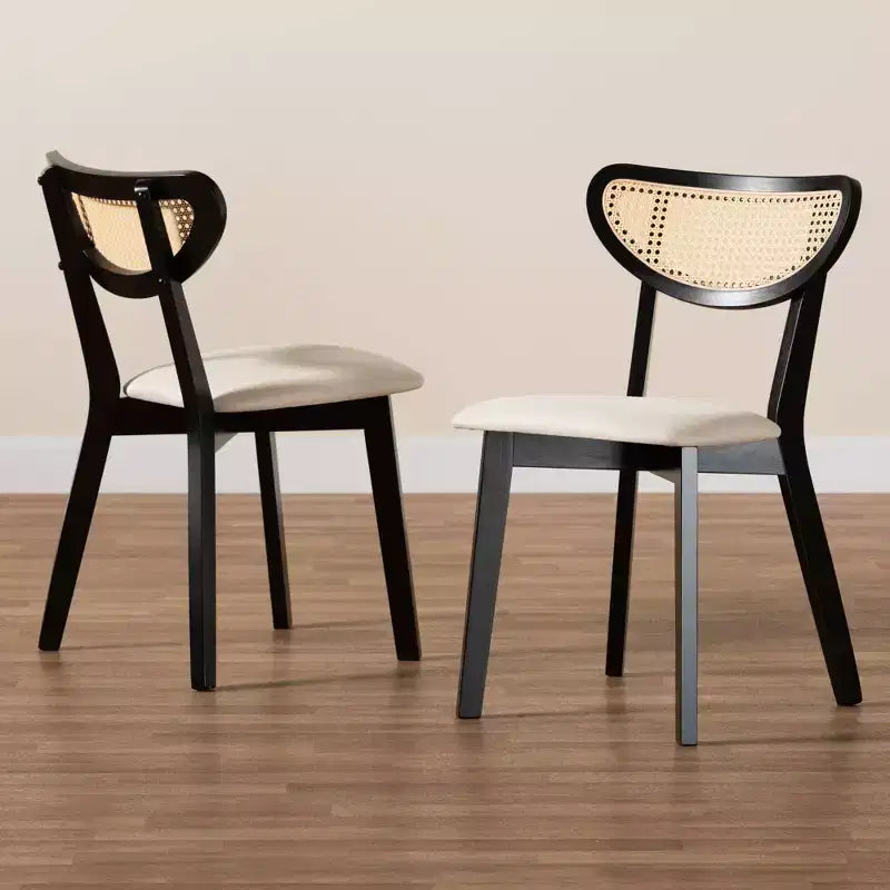 Baxton Studio 2pc Dannell Fabric and Wood Dining Chairs: Mid-Century, Rattan Detail, Foam Padded