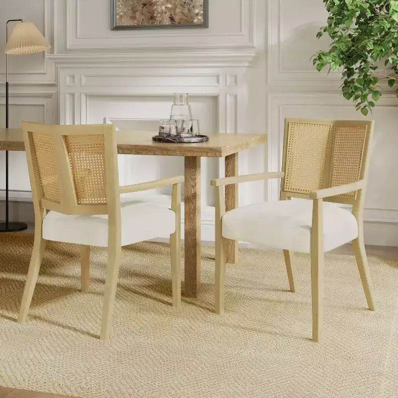 Christopher Knight Home Set of 2 Nolan Rubberwood Upholstered Dining Arm Chairs with Cane Webbing Beige/Light Ash