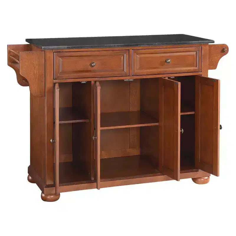 Crosley Alexandria Black Granite Top Kitchen Island - Wood & Cherry: Hardwood Frame, Towel Bar, 6 Shelves, 2 Drawers