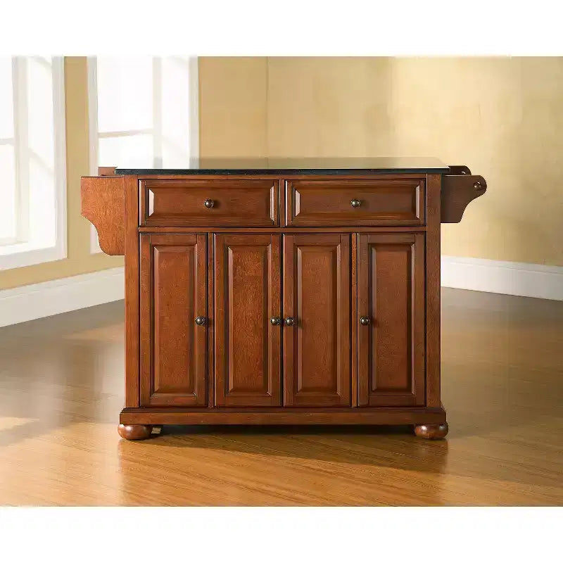 Crosley Alexandria Black Granite Top Kitchen Island - Wood & Cherry: Hardwood Frame, Towel Bar, 6 Shelves, 2 Drawers