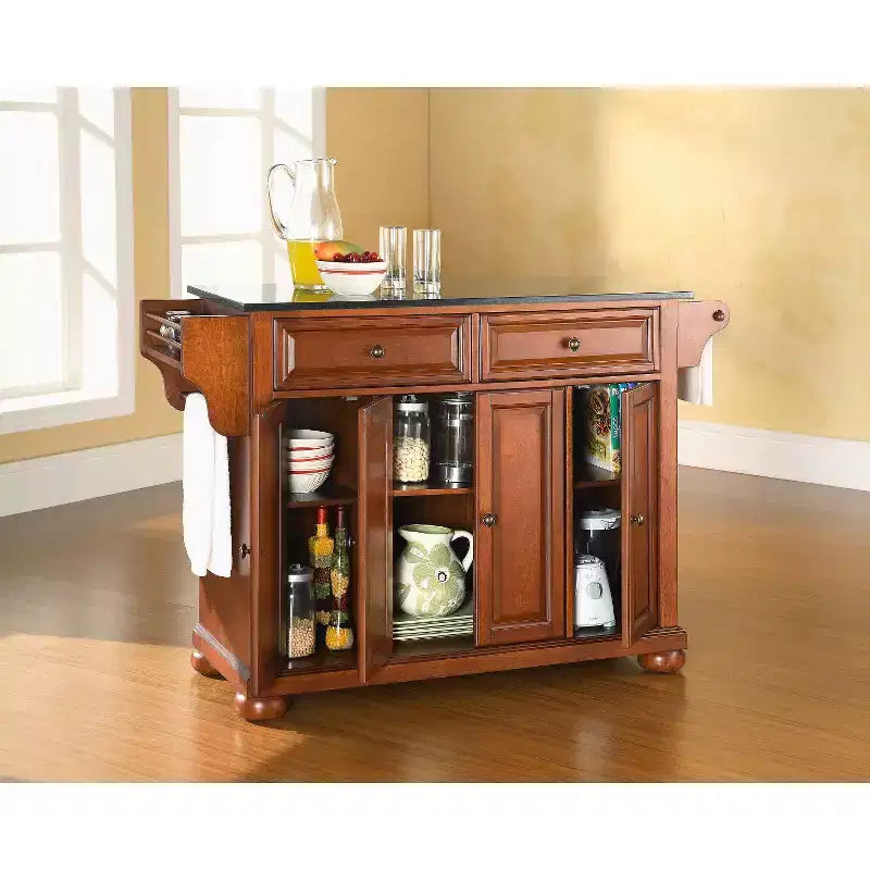 Crosley Alexandria Black Granite Top Kitchen Island - Wood & Cherry: Hardwood Frame, Towel Bar, 6 Shelves, 2 Drawers