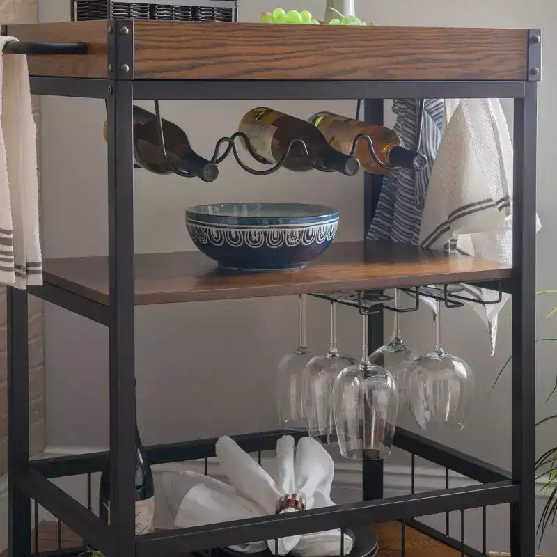 Carrello da cucina Austin in metallo/legno con 3 ripiani, portabottiglie e portabicchieri, su ruote - Linon