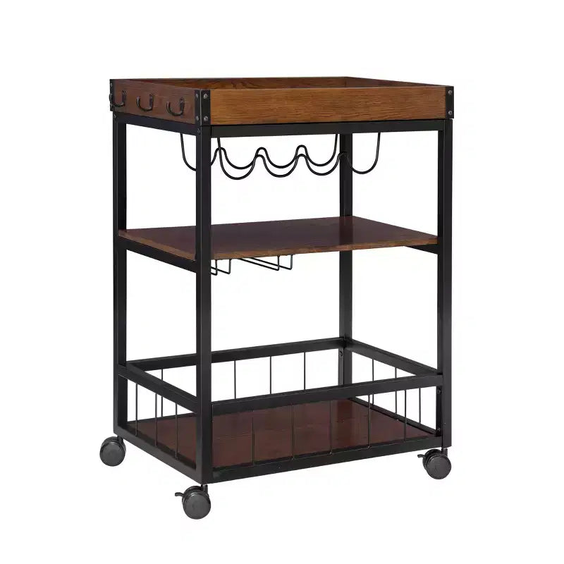 Carrello da cucina Austin in metallo/legno con 3 ripiani, portabottiglie e portabicchieri, su ruote - Linon