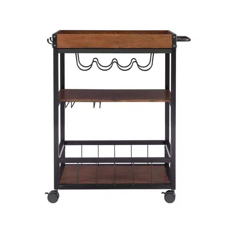 Carrello da cucina Austin in metallo/legno con 3 ripiani, portabottiglie e portabicchieri, su ruote - Linon