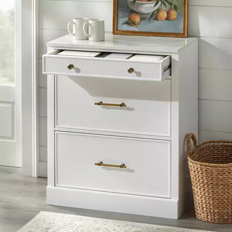 Lifestorey Monza Modular Cabinet with Faux Marble Top 3 Drawers White: Farmhouse Style Sideboard, Faux Marble Top, MDF Frame