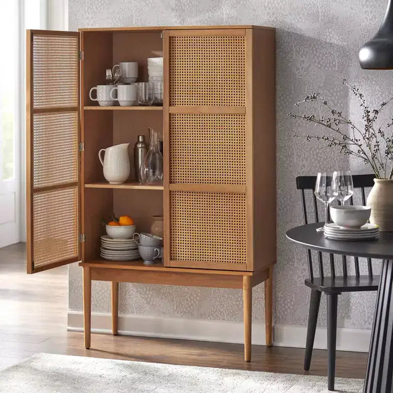 Lifestorey Maxima Cane Cabinet Natural: Mid-Century Storage, Ash Veneer, Adjustable Shelves