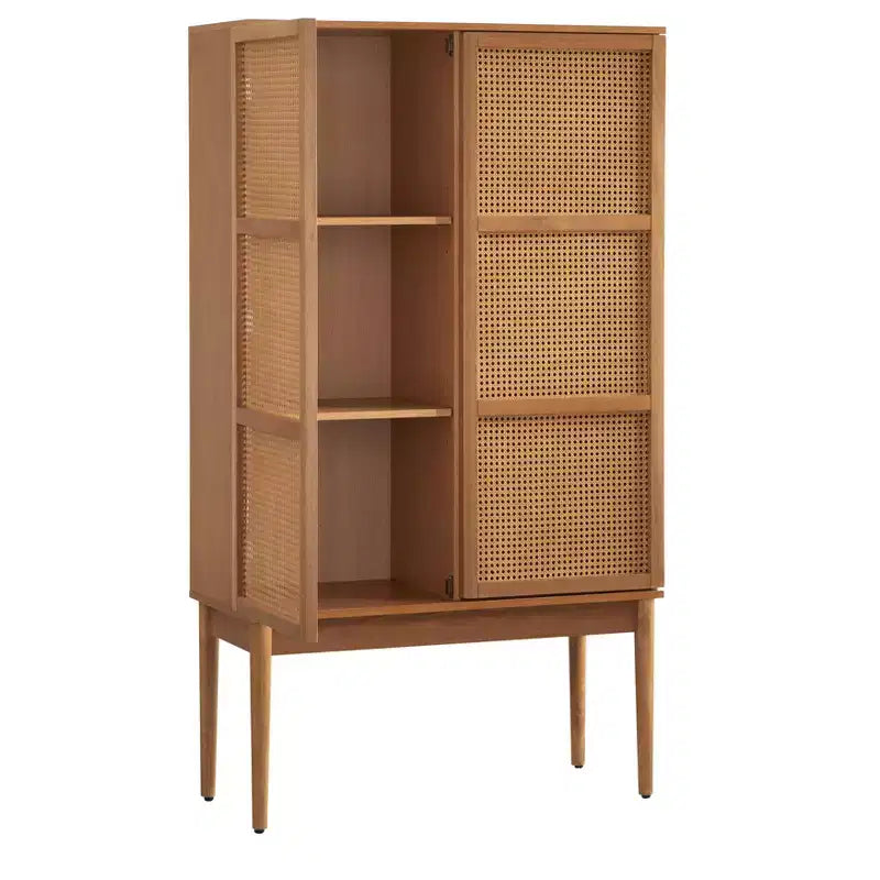 Lifestorey Maxima Cane Cabinet Natural: Mid-Century Storage, Ash Veneer, Adjustable Shelves