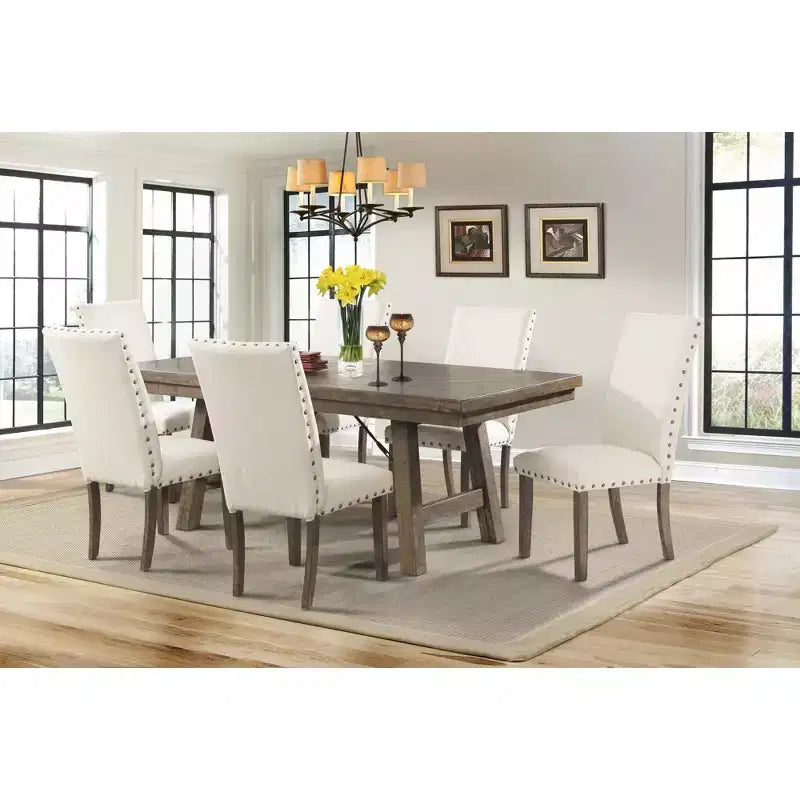 Dex 7pc Extendable Dining Table Set and 6 Upholster Side Chairs Walnut Brown/Cream - Picket House Furnishings: Smokey Finish, Flared Legs