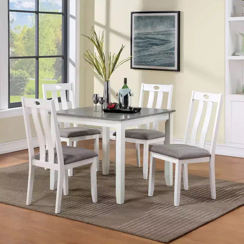 HOMES: Inside + Out 5pc Seawhisper Transitional Dining Table Set White/Gray: Solid Wood, Upholstered Chairs, Cottage Style