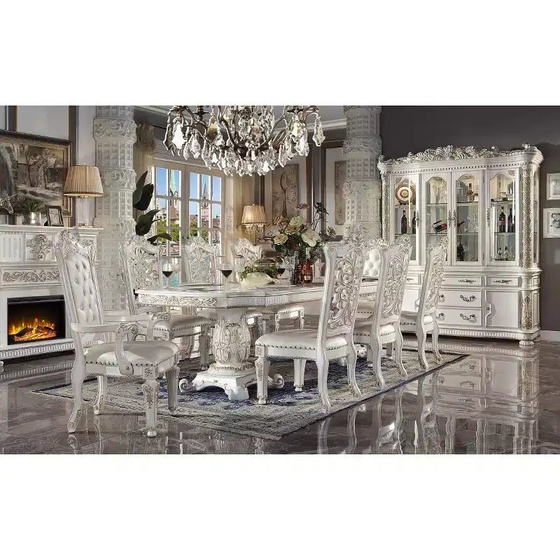 120" Vendome Dining Table Antique Pearl Finish - Acme Furniture: Double Pedestal, Gold Accents, 8 Seats