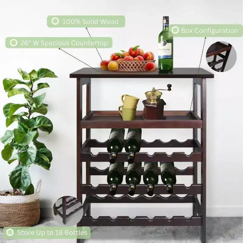 Solid Wood Freestanding 18-Bottle Wine Rack with Shelves Espresso - Flora Home: Pine Construction, 1 Shelf, 33" Height