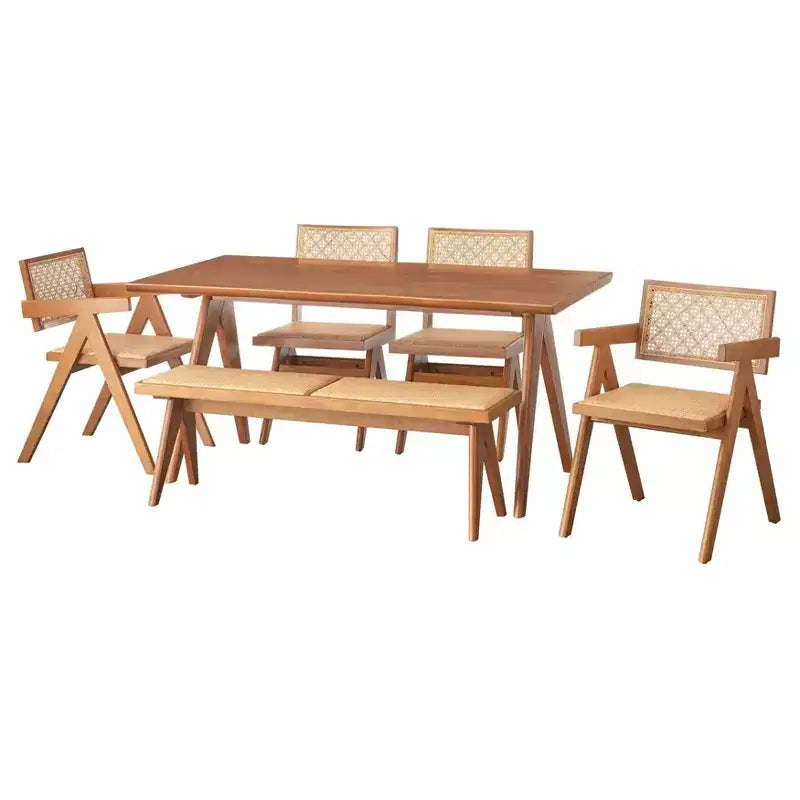Buylateral 6pc Valentina Modern Dining set with 1 table 2 chairs 2 arm chairs 1 bench Light Walnut
