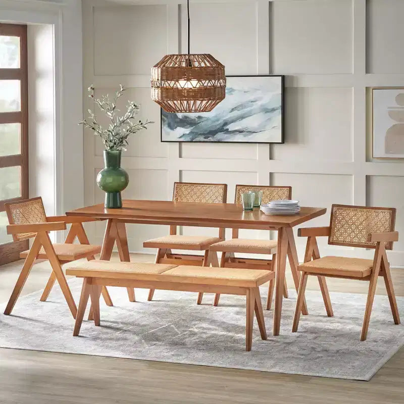 Buylateral 6pc Valentina Modern Dining set with 1 table 2 chairs 2 arm chairs 1 bench Light Walnut