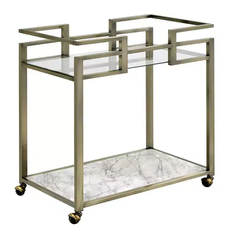 Acme Furniture Neilo Faux Marble Top Bar Serving Cart Clear Glass/Wire Brass Finish
