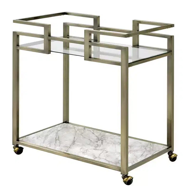 Acme Furniture Neilo Faux Marble Top Bar Serving Cart Clear Glass/Wire Brass Finish