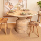 Storied Home Mango Wood Dining Table Natural: Whitewashed Finish, Pedestal Base, 47" Diameter