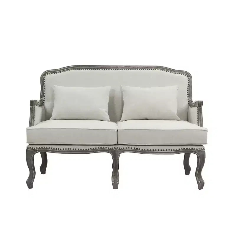 56" Tania Sofas Cream Linen and Brown Finish - Acme Furniture: French Cabriole, Nailhead Trim, No Assembly Required