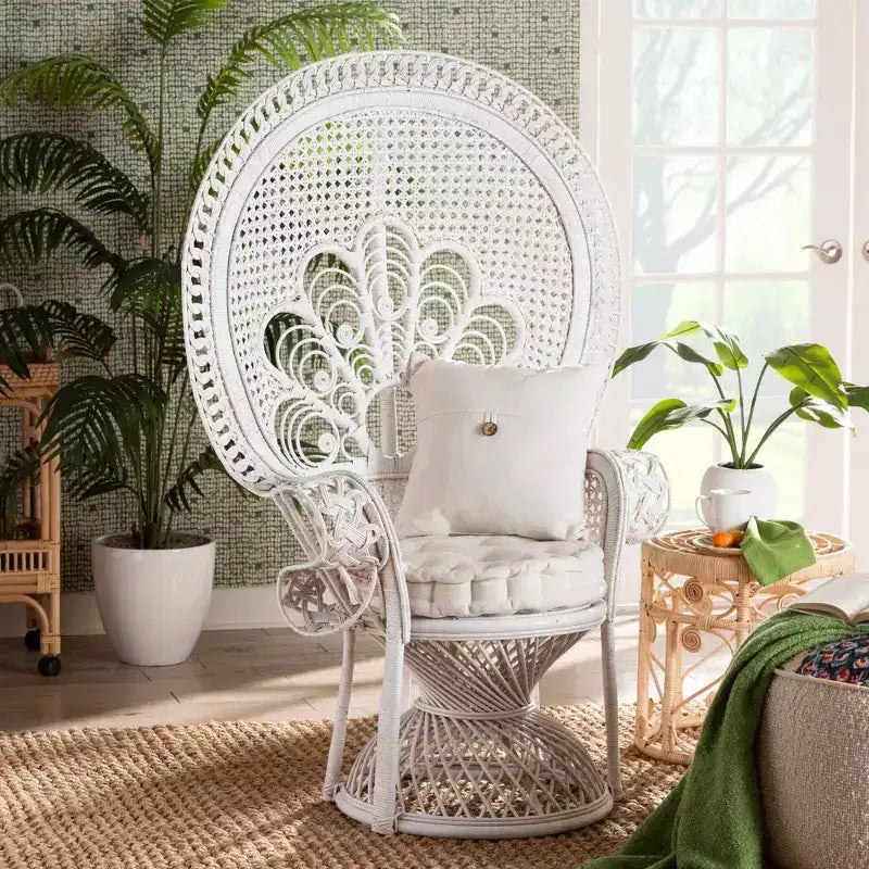 bali & pari Ediva Natural Rattan Peacock Accent Chair White: Upholstered Polyester, No Assembly Required