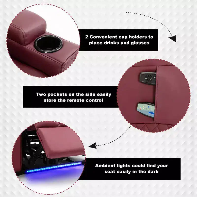 COMHOMA Recliner Chair Electric Massage Recliner Sofa with Led PU Leather Reclining Chair Red