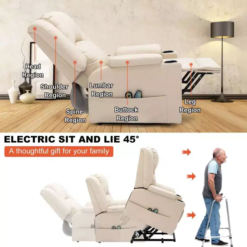 COMHOMA Massage Recliner Chair PU Leather Sofa Power Lift Chair Cream White